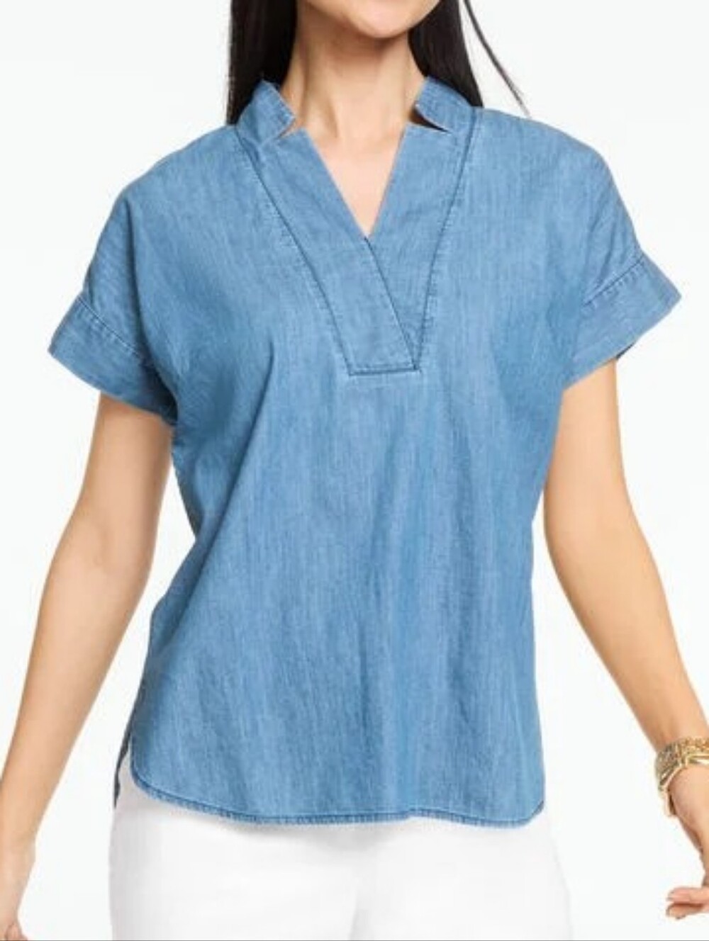 Talbots Casual Chambray V-Neck Short Sleeve Top - Light Blue Size 1XP